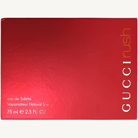 "Gucci Rush 2.5 oz Eau de Toilette Spray for Women – bold red rectangular bottle with minimalist design, reflecting the vibrant and sensual fragrance within."