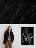 Black fur texture, person wearing a black fur coat, and a close-up of a garment with 'COLOUR' text.