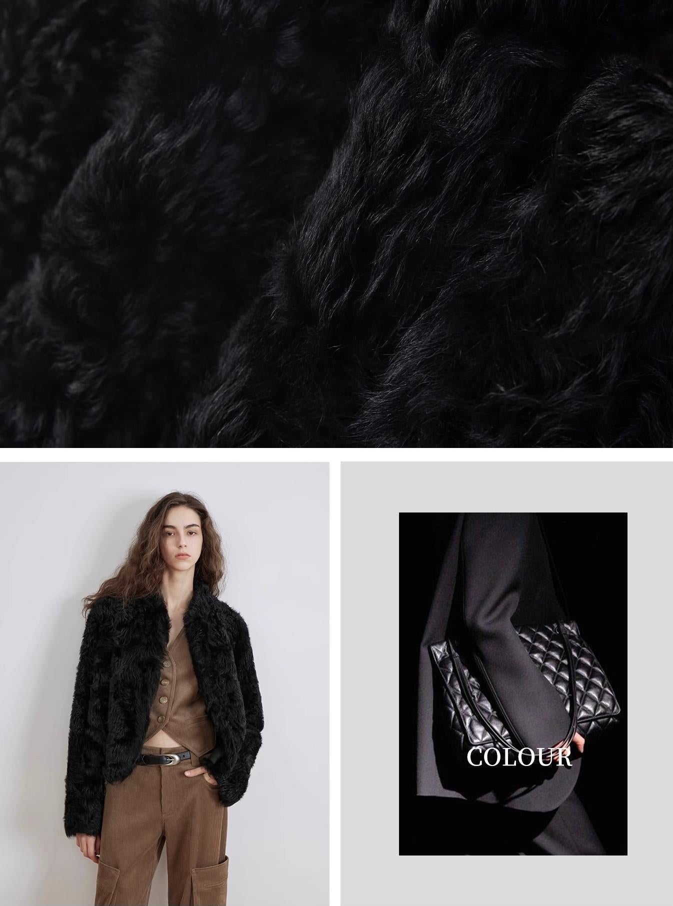 Black fur texture, person wearing a black fur coat, and a close-up of a garment with 'COLOUR' text.