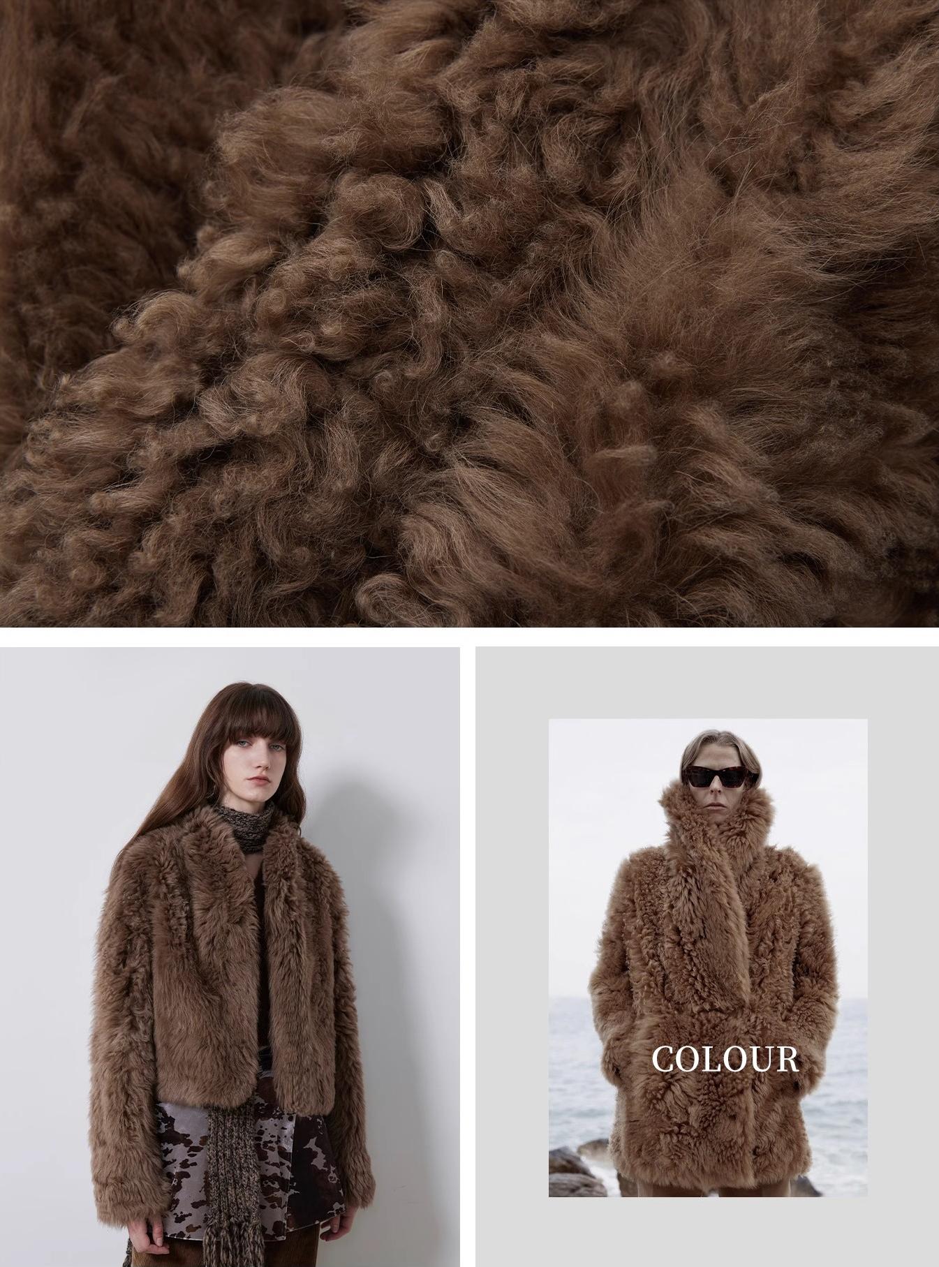 Brown fur coat worn by a person on a white background, with close-up of fur texture above.