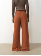 Person wearing a ribbed sweater and brown wide-leg pants on a plain background