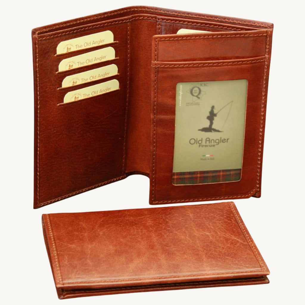 "100% Italian calf-skin leather wallet with ID window, one bill compartment, and 12 credit card slots – spacious and luxurious design"