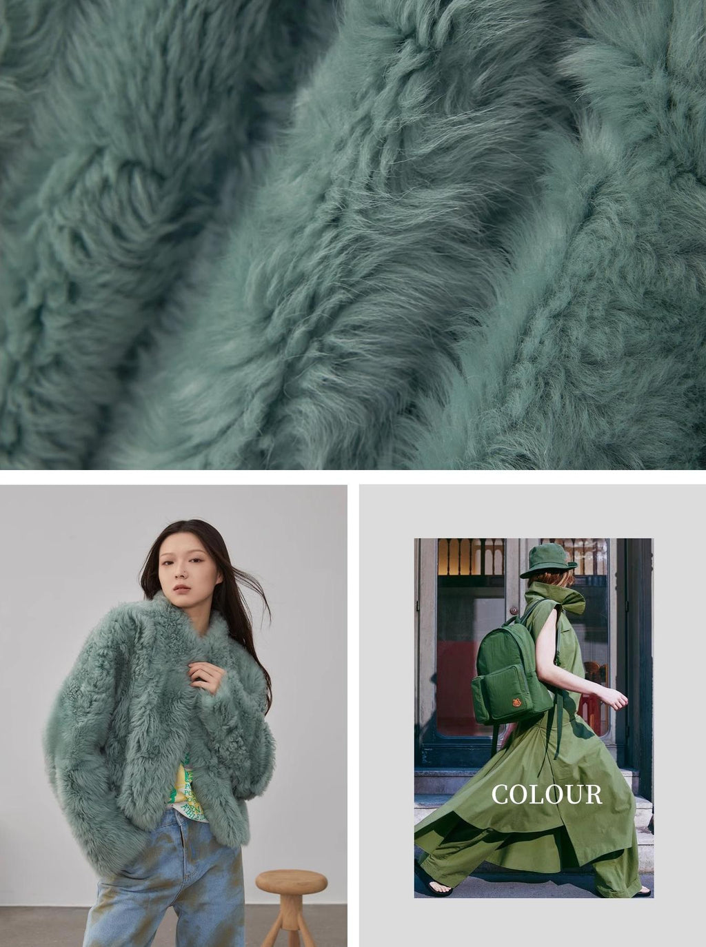 Green textured fabric with a person wearing a green sweater and carrying a green backpack.