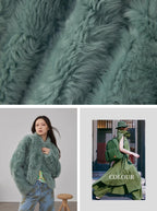 Green textured fabric with a person wearing a green sweater and carrying a green backpack.