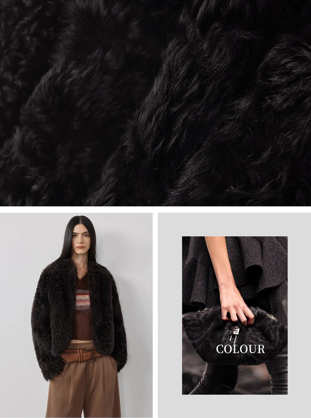 Black fur coat worn by a person on a plain background, with close-up of fur texture at the top.