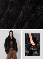 Black fur coat worn by a person on a plain background, with close-up of fur texture at the top.