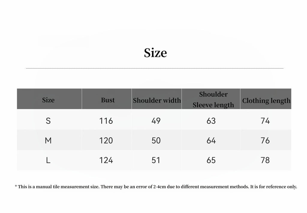 Size chart for clothing with measurements in centimeters