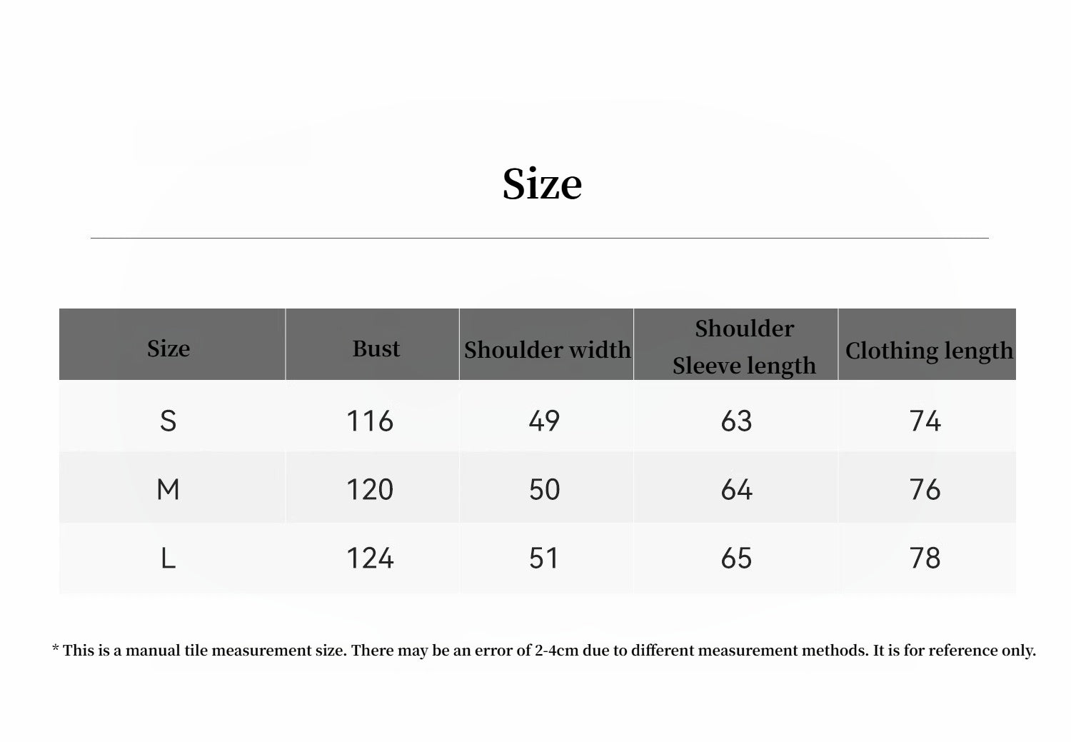 Size chart for clothing with measurements in centimeters