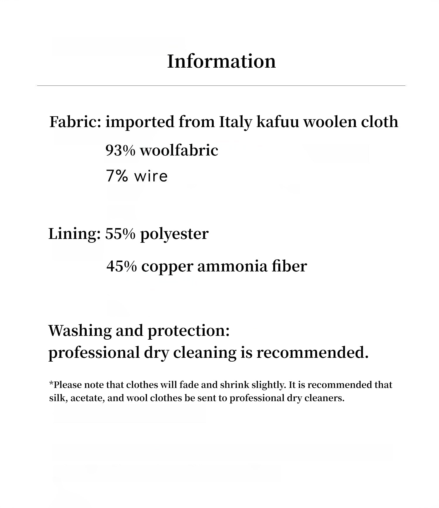 Text detailing fabric composition and care instructions on a white background