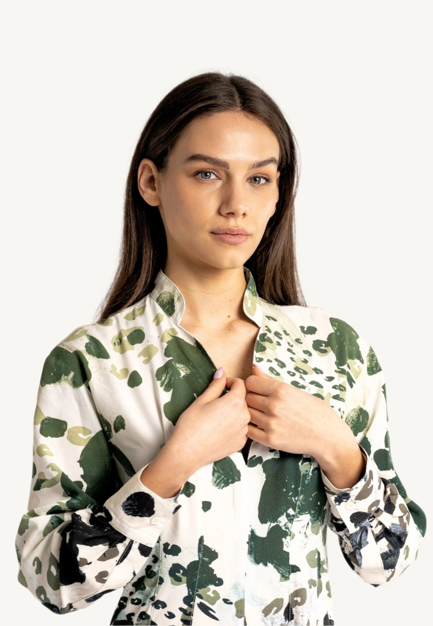 "Agnese Leopard Maxi Dress with ombré leopard print, Split V-neckline, waist-accentuating draping, and buttoned cuffs, crafted in Italy from natural viscose."
