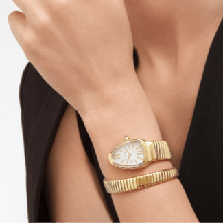 "Just Cavalli Signature Snake Amalfi JC1L270M0025 ladies watch with gold-tone stainless steel strap, stone-set silver dial, and polished finish."