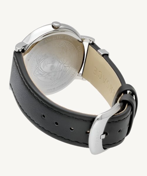 Versace VE8102619 V-Circle ladies watch with white dial, gold-tone case, Greca detailing, and white leather strap featuring Medusa logo.