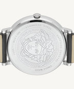 Versace VE8102619 V-Circle ladies watch with white dial, gold-tone case, Greca detailing, and white leather strap featuring Medusa logo.