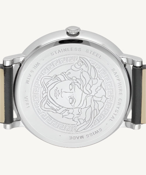 Versace VE8102619 V-Circle ladies watch with white dial, gold-tone case, Greca detailing, and white leather strap featuring Medusa logo.