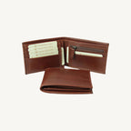 "Full grain leather wallet with RFID blocking, ID window, two bill compartments, eight card slots, zip coin pocket, and five stow pockets – functional and secure"