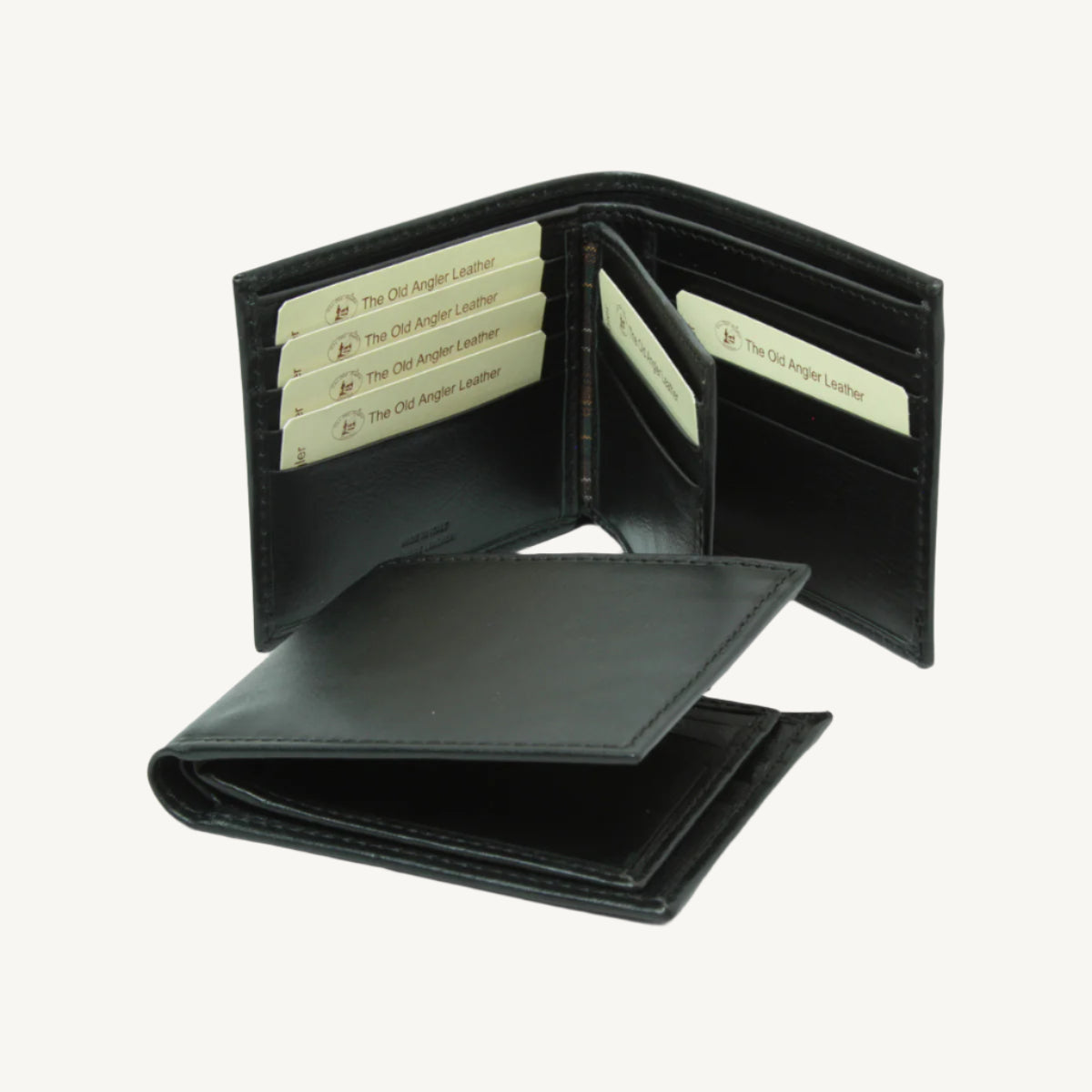 "Black full grain leather wallet with RFID blocking, ID window, two bill compartments, and 11 card slots – sleek and functional"