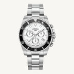 Roamer Deep Sea 100 men’s chronograph watch with silver dial, stainless steel strap, rotatable bezel, and stopwatch function, Swiss made.