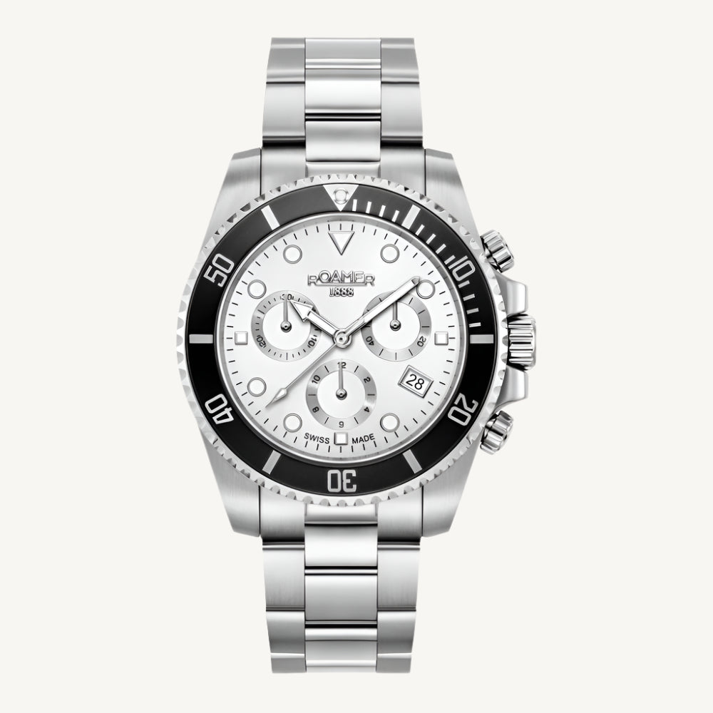 Roamer Deep Sea 100 men’s chronograph watch with silver dial, stainless steel strap, rotatable bezel, and stopwatch function, Swiss made.