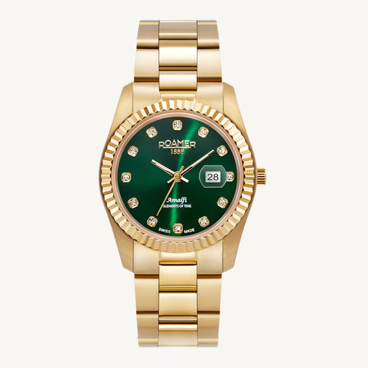 Elegant Roamer Amalfi ladies watch with gold-tone stainless steel strap, green dial set with stones, and sapphire glass.
