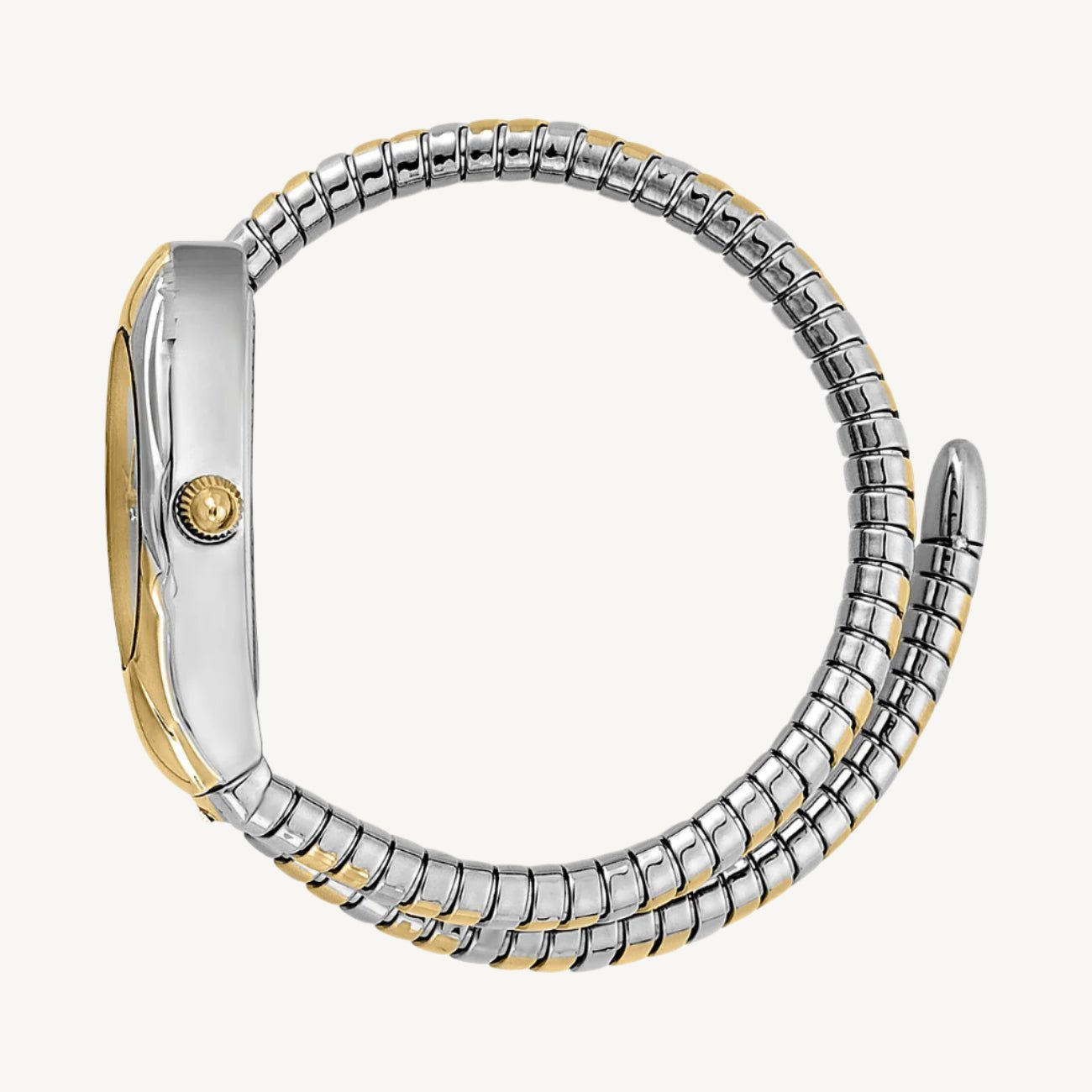 "Just Cavalli Signature Snake Amalfi ladies watch with silver and gold polished stainless steel case and bracelet, gold-tone dial with crystal details."