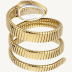 Just Cavalli Glam Snake JC1L022M0065 ladies watch with polished gold-tone stainless steel case and flexible bracelet, green dial, stone-set bezel – bold and glamorous designer timepiece.