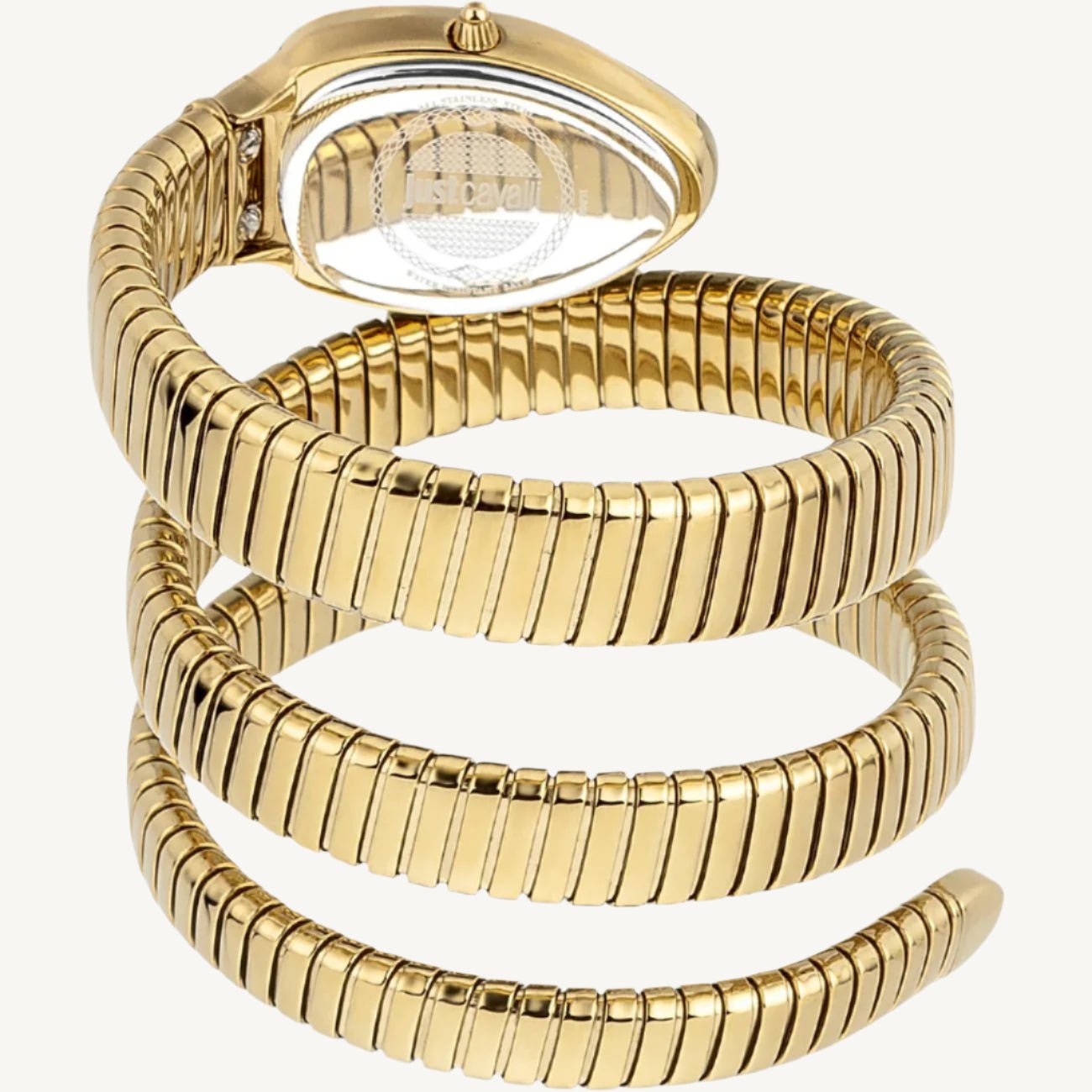 Just Cavalli Glam Snake JC1L022M0065 ladies watch with polished gold-tone stainless steel case and flexible bracelet, green dial, stone-set bezel – bold and glamorous designer timepiece.