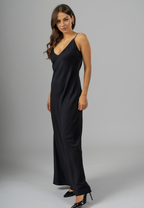 "Elegant Swarovski Maxi Slip Dress made from premium Italian viscose, designed to drape fluidly and enhance natural curves with timeless glamour."