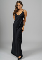 "Elegant Swarovski Maxi Slip Dress made from premium Italian viscose, designed to drape fluidly and enhance natural curves with timeless glamour."