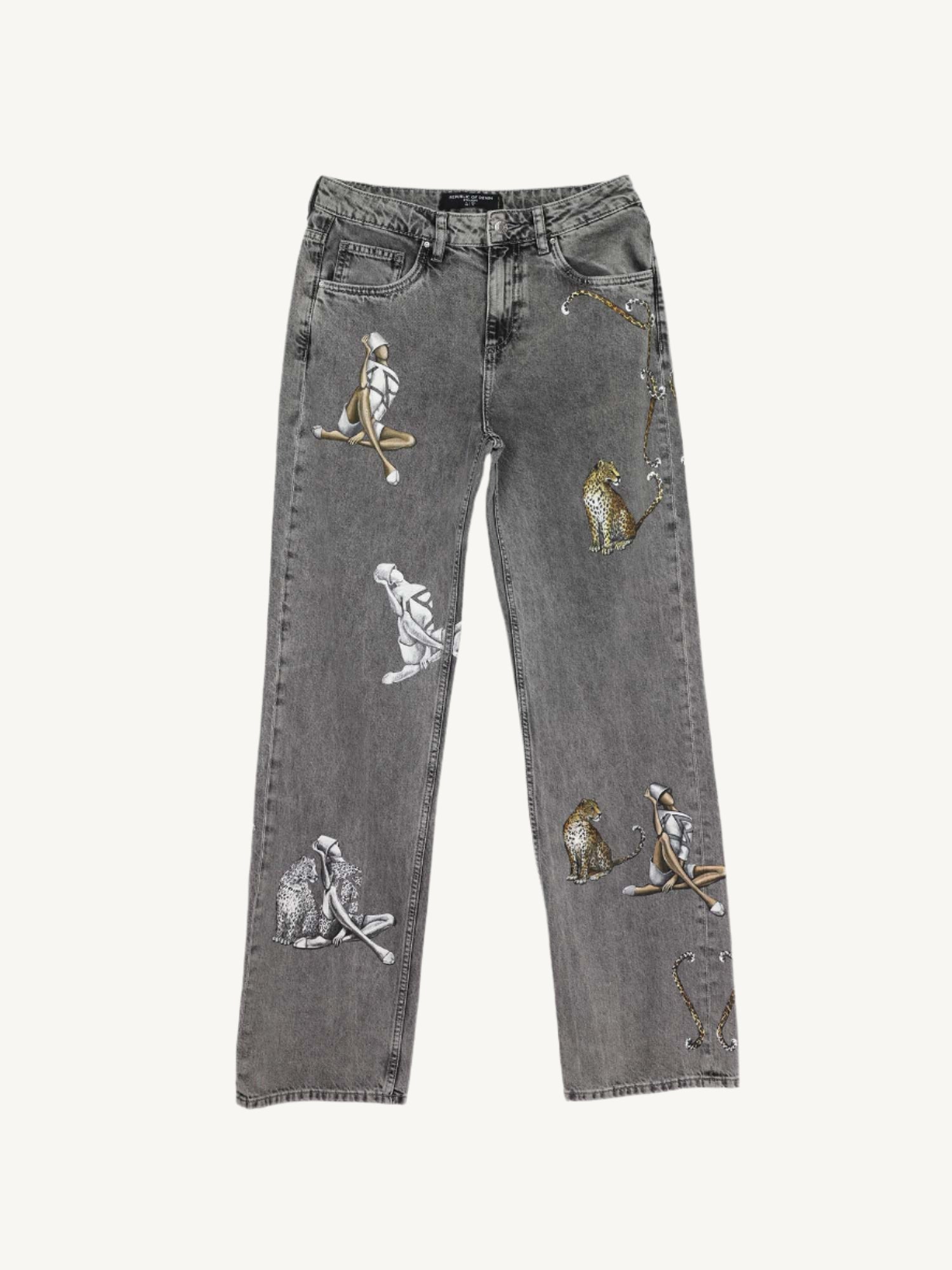 "Straight denim jeans with hand-painted designs of women and leopards, expressing the bond between humanity and wild nature. Each pair is unique and visually captivating."