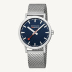 Mondaine A660.30314.40SBJ Classic Swiss Railways ladies watch with matte silver-tone stainless steel case and bracelet, deep blue dial, mineral glass – elegant Swiss-made timepiece.
