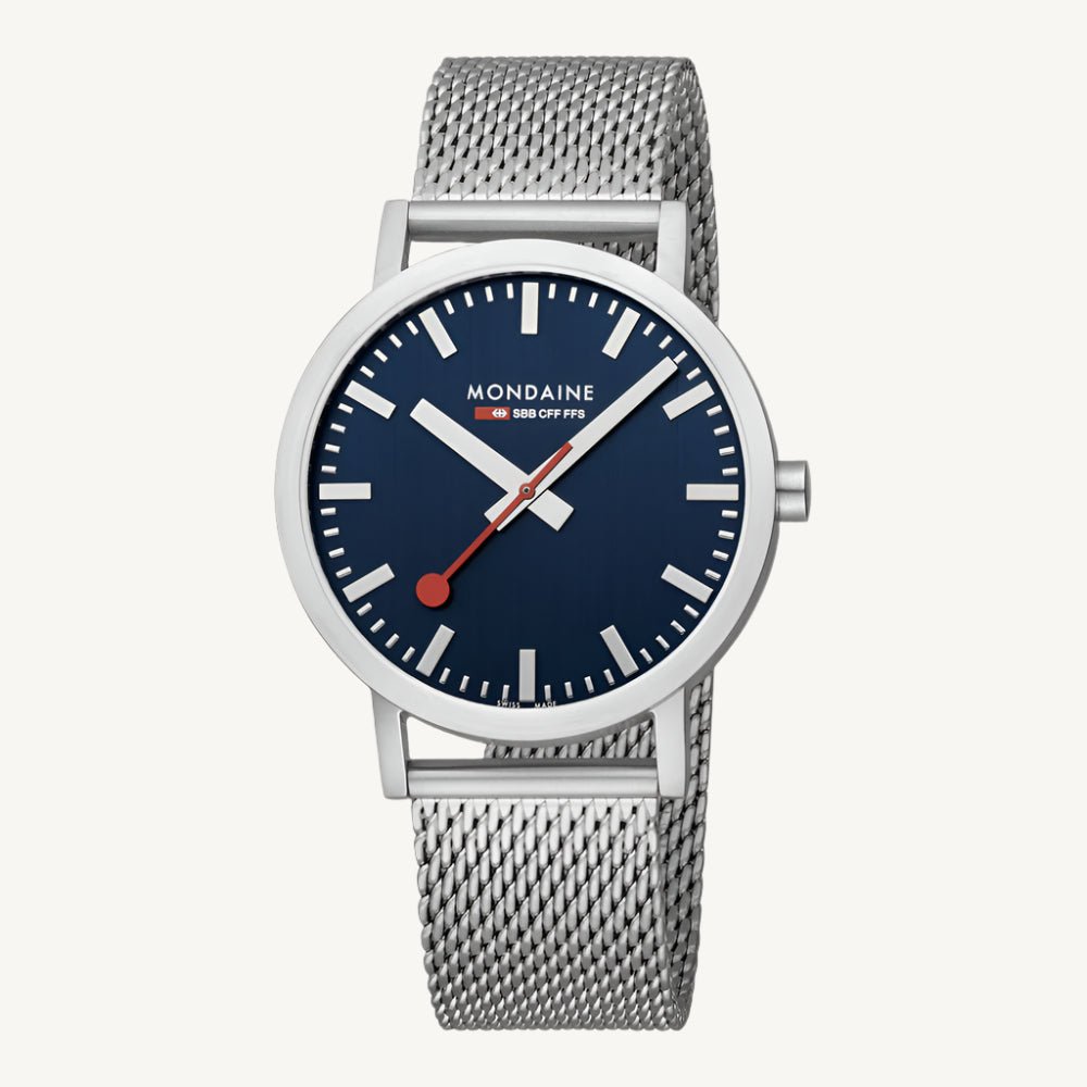 Mondaine A660.30314.40SBJ Classic Swiss Railways ladies watch with matte silver-tone stainless steel case and bracelet, deep blue dial, mineral glass – elegant Swiss-made timepiece.