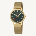 Mondaine A660.30314.60SBM Classic Swiss Railways ladies watch with matte gold-tone stainless steel case and bracelet, green dial, mineral glass – elegant Swiss-made timepiece for women.