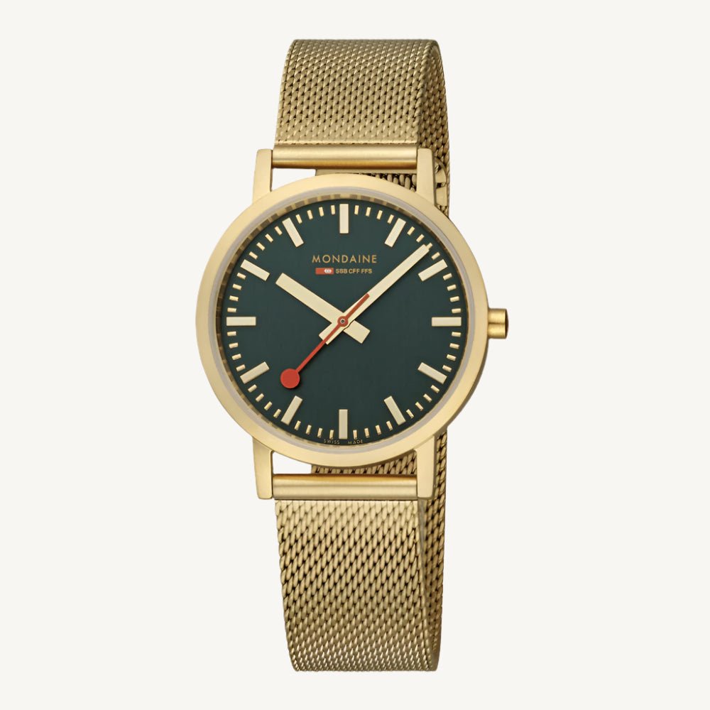 Mondaine A660.30314.60SBM Classic Swiss Railways ladies watch with matte gold-tone stainless steel case and bracelet, green dial, mineral glass – elegant Swiss-made timepiece for women.