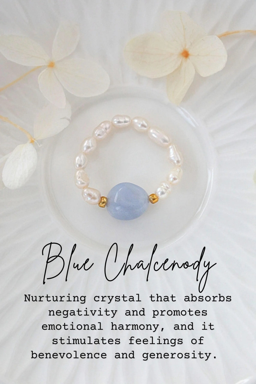 Pearl bracelet with a blue stone on a white plate with flowers, text about Blue Chalcedony.