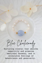 Pearl bracelet with a blue stone on a white plate with flowers, text about Blue Chalcedony.