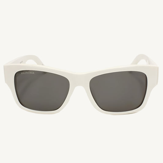 "Balenciaga unisex white sunglasses, model BB0262SA-003, featuring bold cat-eye silhouette with modern designer flair"