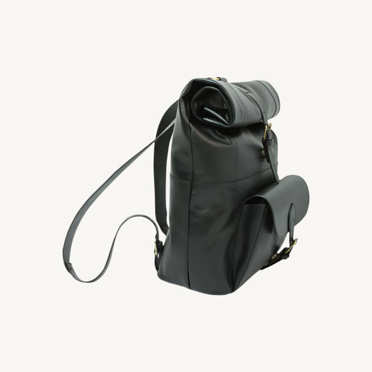 Full Grain Leather Backpack – Black with Trolley Strap
