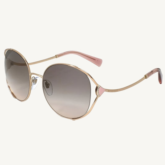 "Bvlgari unisex pink gold sunglasses, model BV6181B-20143B-57, featuring sleek metal frame and grey lenses with luxurious detailing"