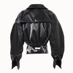 Black leather jacket with a clear vinyl panel on a white background