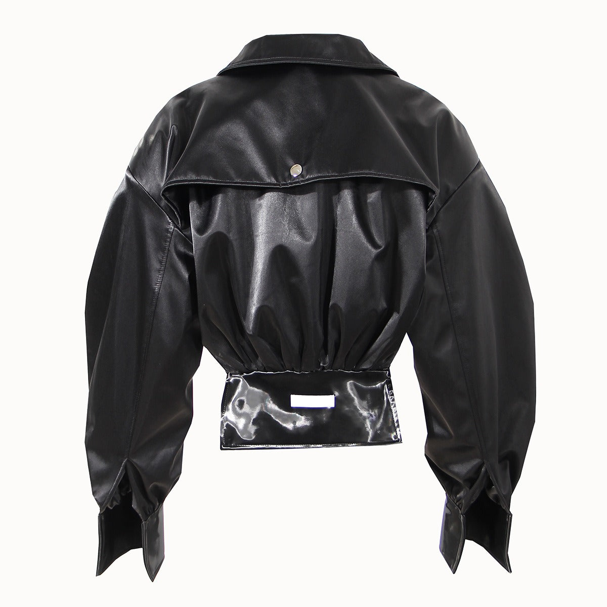 Black leather jacket with a clear vinyl panel on a white background
