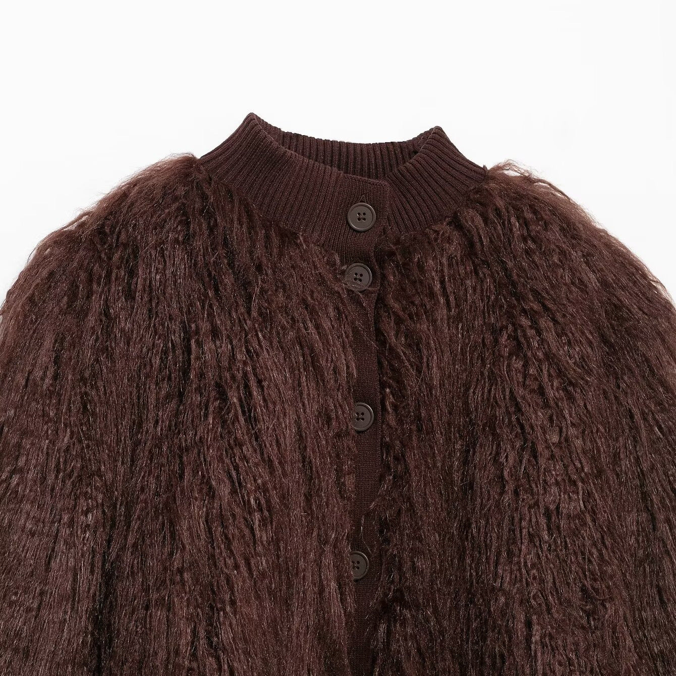 Brown textured sweater with buttons on a white background