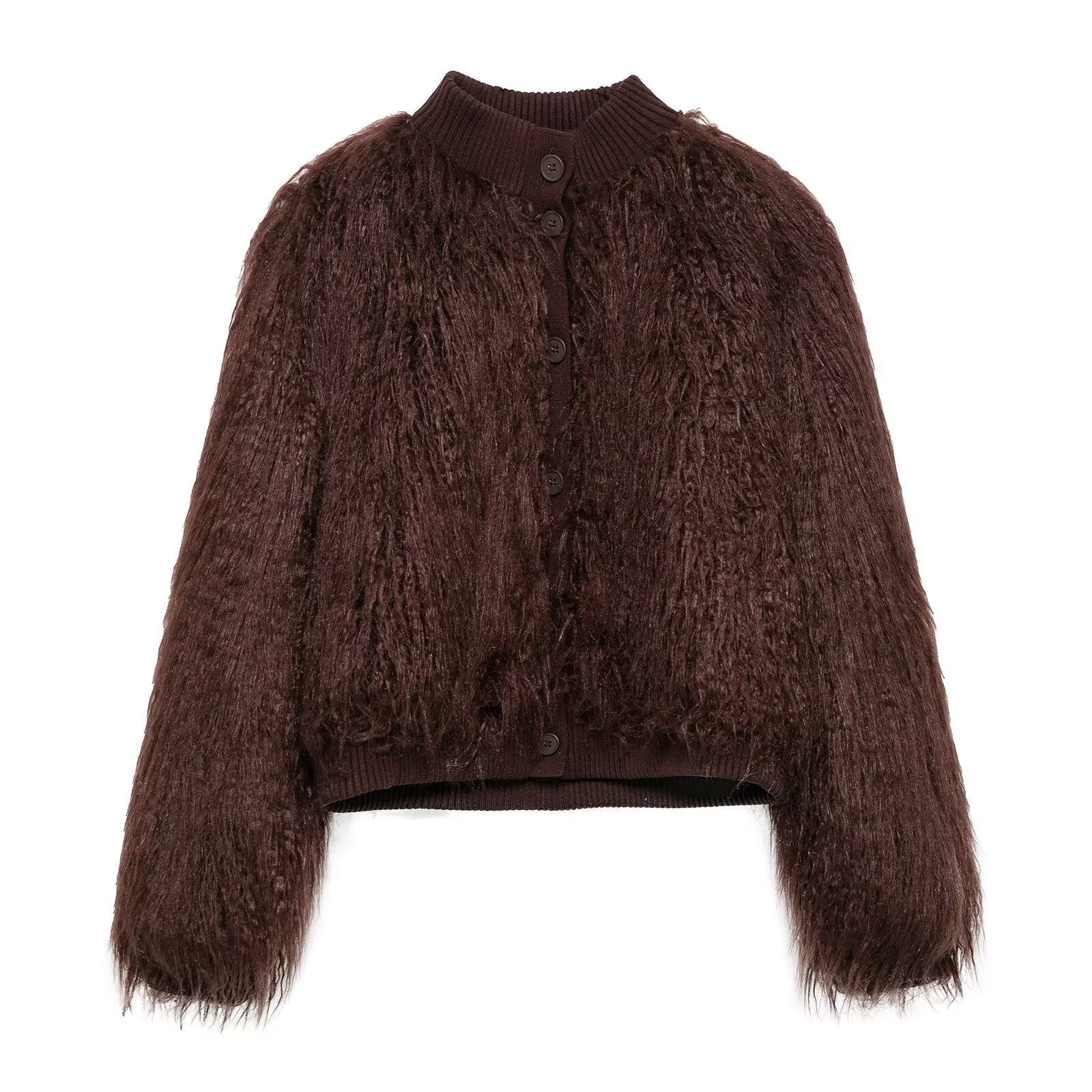 Brown fuzzy cardigan on a white background