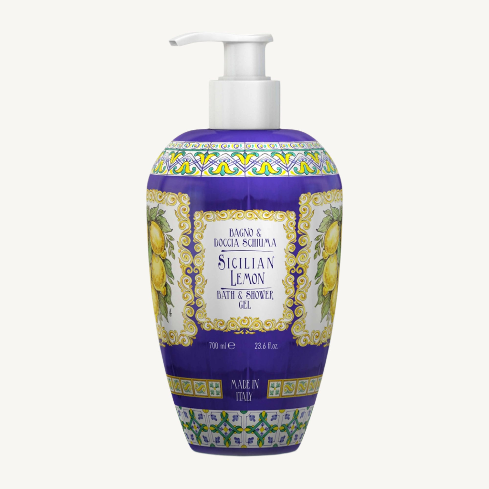 "Le Maioliche Sicilian Lemon Bath & Shower Gel 700ml – refreshing and delicately scented bath foam with rich notes of Sicilian lemon, designed to energize and leave skin soft, silky, and beautifully perfumed, inspired by Italian majolica tradition."