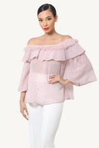 "Polka dot sheer off-shoulder top – romantic and chic blouse for women, available in Small, Medium, and Large"