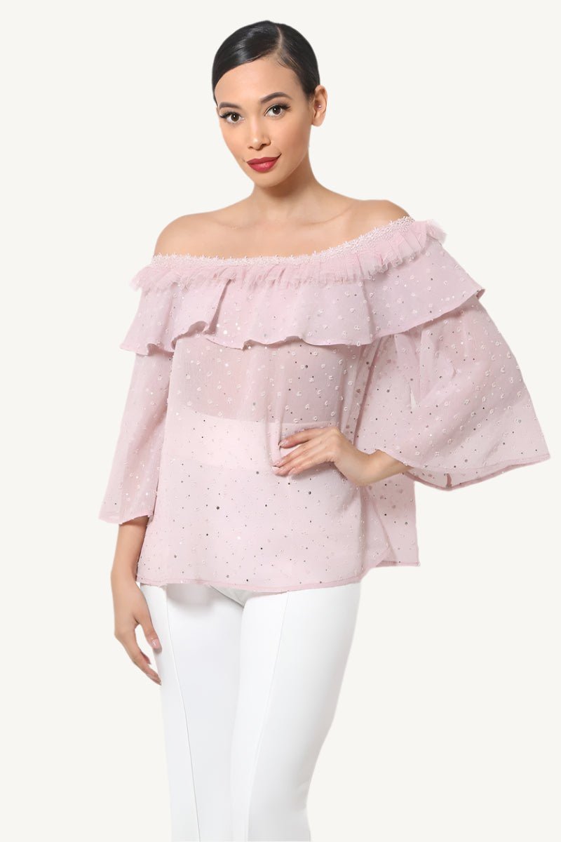 "Polka dot sheer off-shoulder top – romantic and chic blouse for women, available in Small, Medium, and Large"