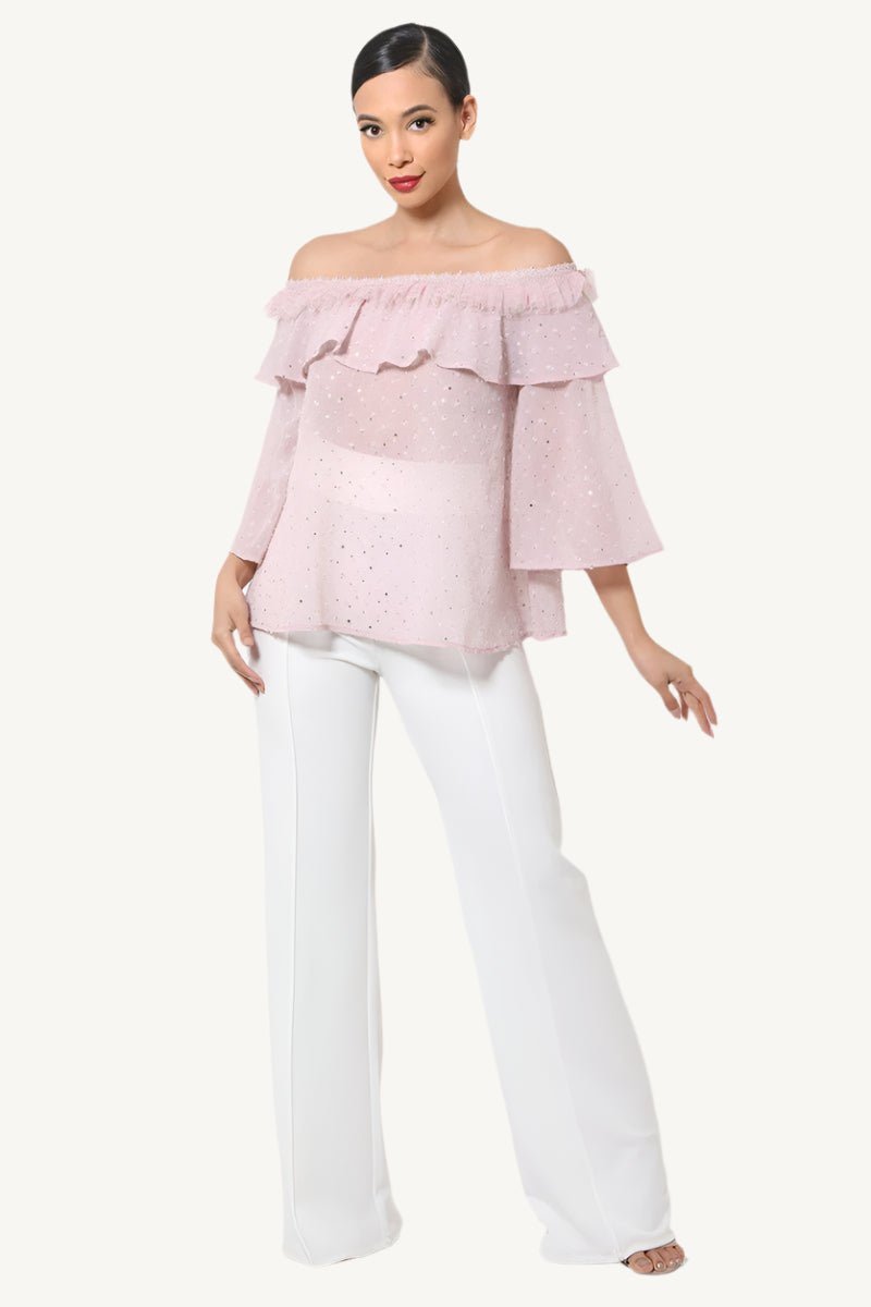 "Polka dot sheer off-shoulder top – romantic and chic blouse for women, available in Small, Medium, and Large"