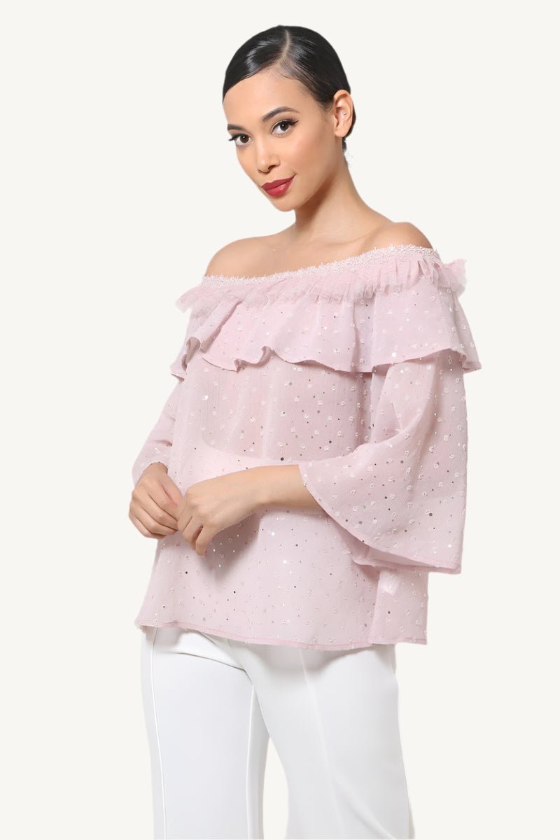 "Polka dot sheer off-shoulder top – romantic and chic blouse for women, available in Small, Medium, and Large"