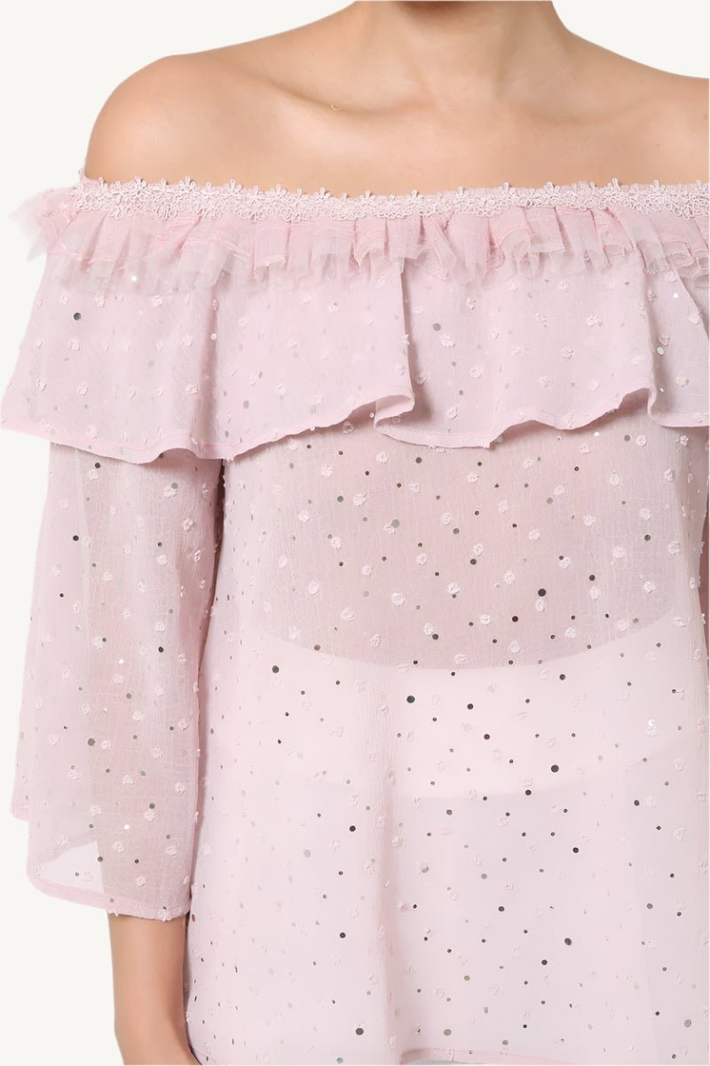"Polka dot sheer off-shoulder top – romantic and chic blouse for women, available in Small, Medium, and Large"