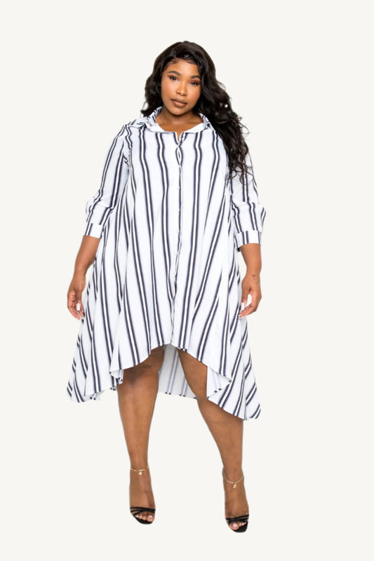 "Plus size black stripe shirt dress – timeless and versatile button-down dress for curvy women, available in 1XL, 2XL, 3XL"