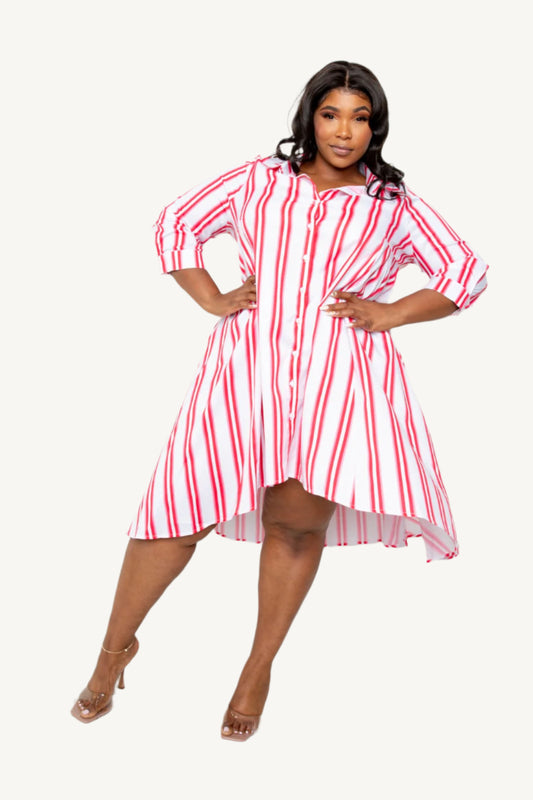 "Plus size hot pink stripe shirt dress – bold and versatile button-down dress for women, available in 1XL, 2XL, 3XL"